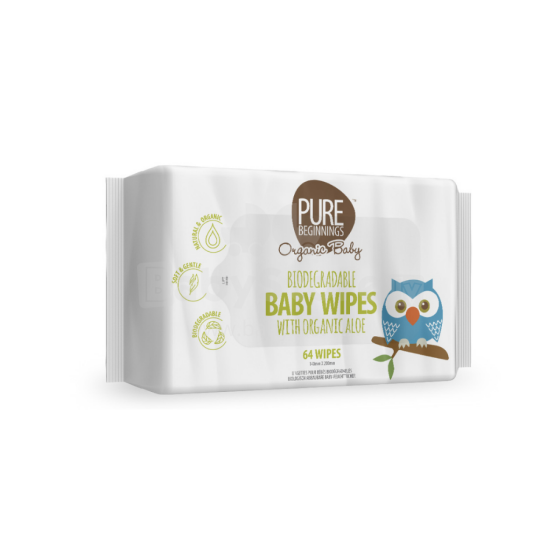 Pure Beginnings Organic Wipes Art.251275 Органические 100% биоразлагаемые влажные салфетки  с нежным ароматом лаванды, 64 шт.