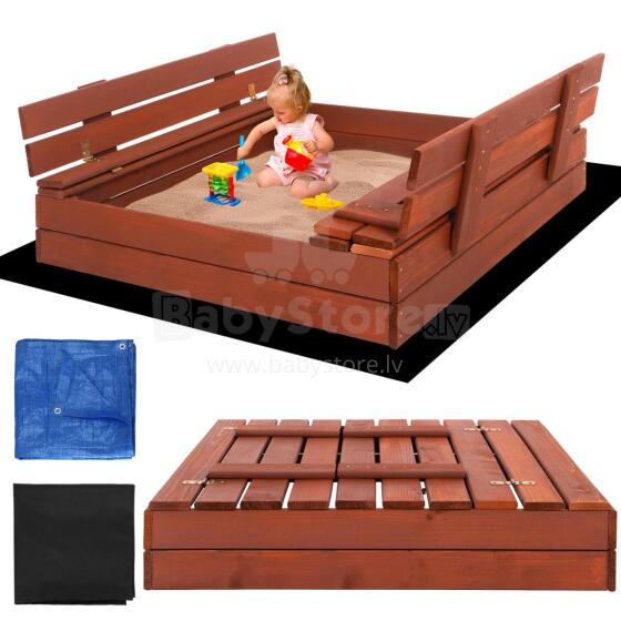 Coverable sandbox with benches Springos SBP100SET04 100×100 cm impregnated wood, with geotextile and tarpaulin, brown