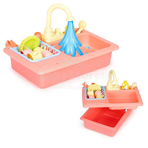 Kitchen sink with tap filled with water, 12 accessories, children's toy