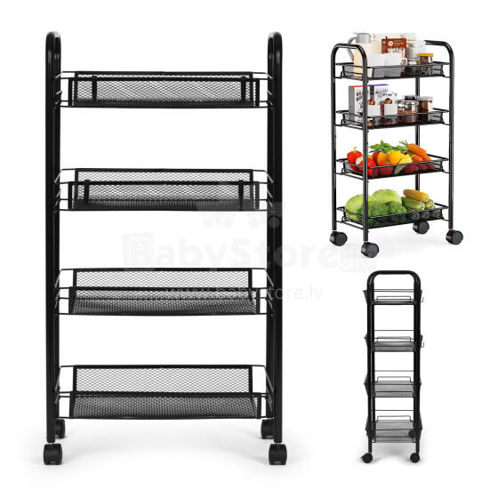 ModernHome Black Metal Mobile Bathroom Shelf with 4 Shelves and Wheels