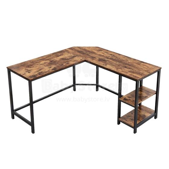 Corner computer desk, brown, steel structure, two shelves