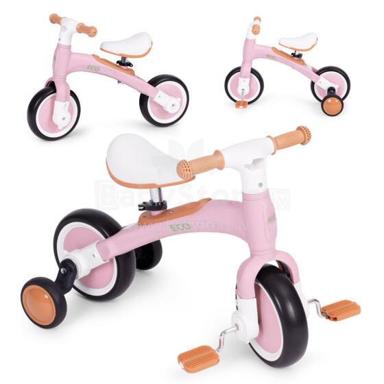 Balansa velosipēds ar pedāļiem - treniņu sānu riteņi 3in1 rozā ECOTOYS