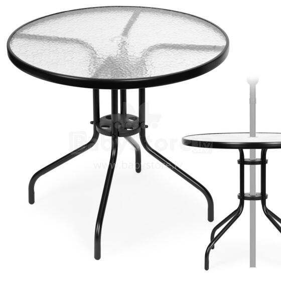 Round garden table 80 cm, for terrace, garden, balcony, tempered glass, umbrella hole, MultiGarden