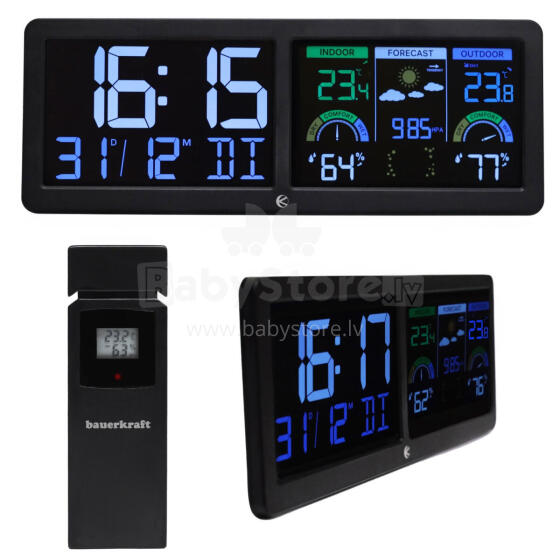 Backlit wireless weather station with outdoor sensor, thermometer, barometer, clock