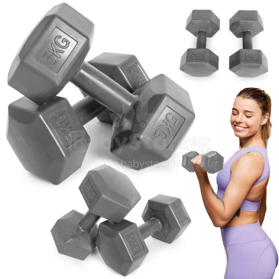 Hex dumbbells komplekts 2x5 kg, vingrošanas svari, fitnesa slodze, pelēks, ModernHome