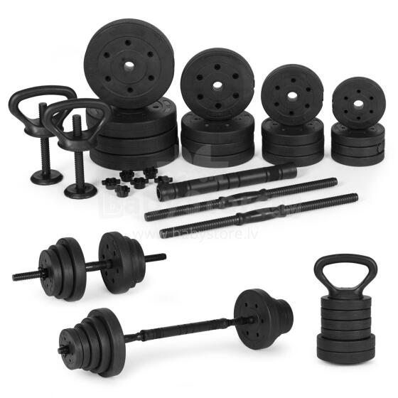 Regulējami hanteles 2x20 kg hanteles komplekts 40 kg ar stieni un kettlebellu