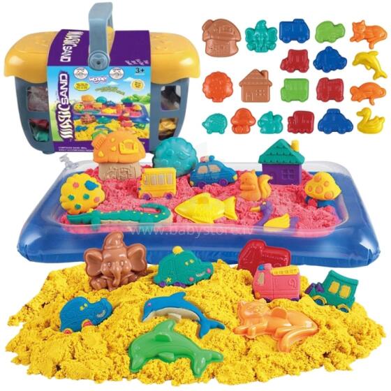 WOOPIE Kinetiskā smilts 0.8 kg komplekts grozā ar veidnēm + smilšu kaste