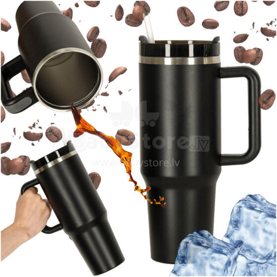 Ikonka Art.KX3032 Termiskā krūze ar salmiņu un rokturi termoss 1200ml melns