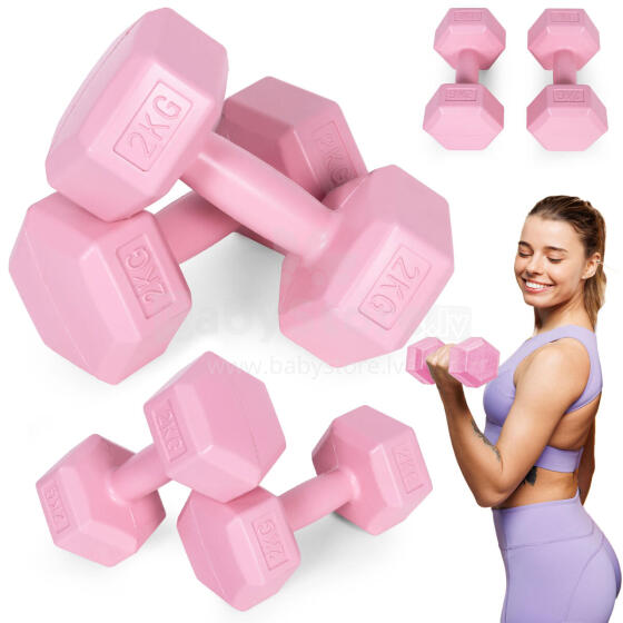 Hex dumbbells set 2x2 kg, vingrošanas svari, fitnesa slodze, rozā, ModernHome