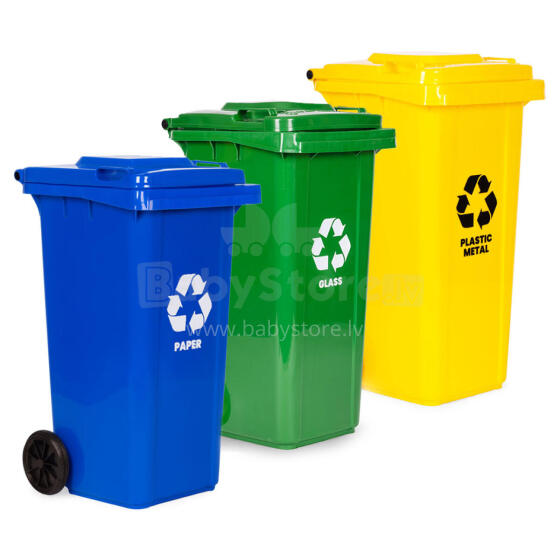 Set of 3 Trash Bins Containers 3x120L Blue Green Yellow Paper Glass Plastic with Rubber Wheels