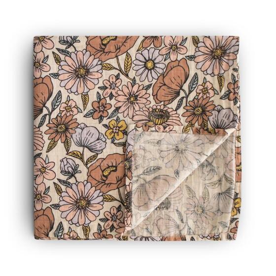 Mushie Muslin Swaddle Art.100424 Retro Flower  Высококачественная муслиновая пелёнка  (120 cm x 120  cм)