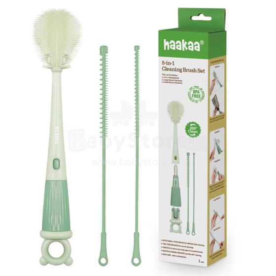 Haakaa 5-in-1 Cleaning Brush Set Art.BHK177-SG Silikona birste pudeļu un knupīšu mazgāšanai