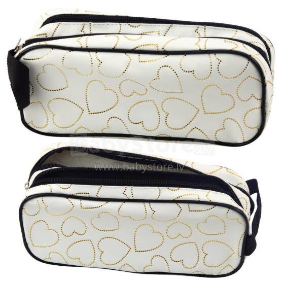 School Office Pencil Case, Two-Compartment, Golden Hearts, White, 23.5x10 cm