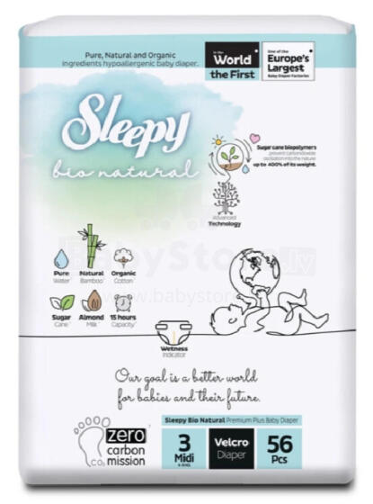Sleepy Bio Natural Midi Size 3 Art.268284 autiņbiksītes 4-9 kg 56gab