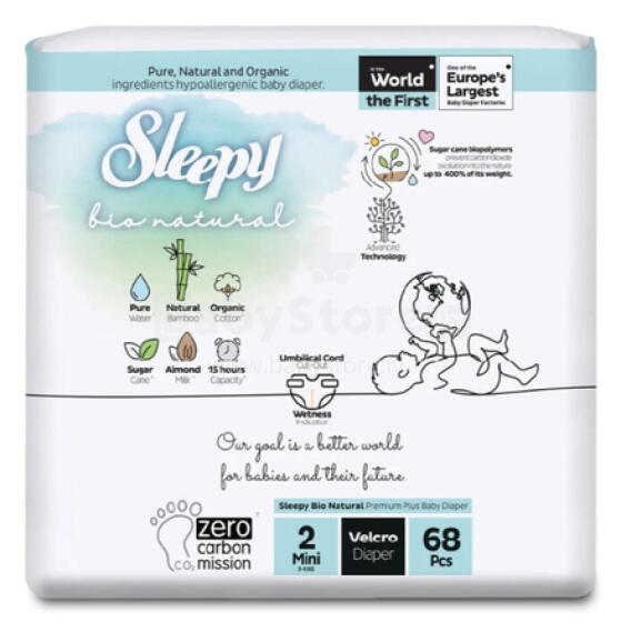 Sleepy Bio Natural Mini Size 2 Art.268285 autiņbiksītes 3-6 kg 68gab