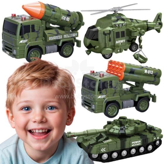 WOOPIE Militārā transportlīdzekļu komplekts ar palaišanas tanku helikopteru 4 gab. 1:20 mērogā