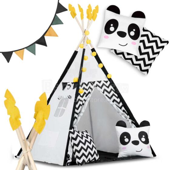 Tipi Tent for Kids with Garland and Lights Nukido Black and White with Panda
