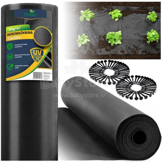 Garden agro-cloth 1.6 m x 50 m 90 g/m2 + 100 stakes Plonos - black
