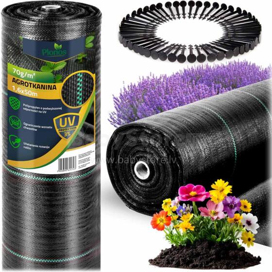 Dārza agro audums 1.6 m x 50 m 70 g/m2 + 50 mieti Plonos - melns