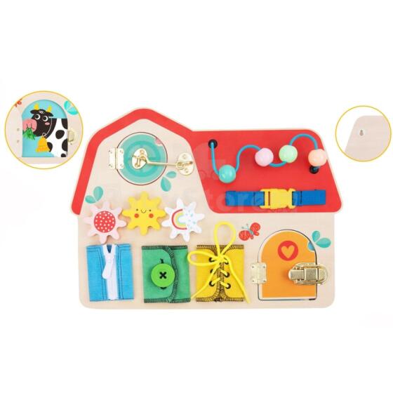 TOOKY TOY Koka Montessori Manipulācijas Dēlis Ar Slēdzenēm, Zobratiem Un Cilpām
