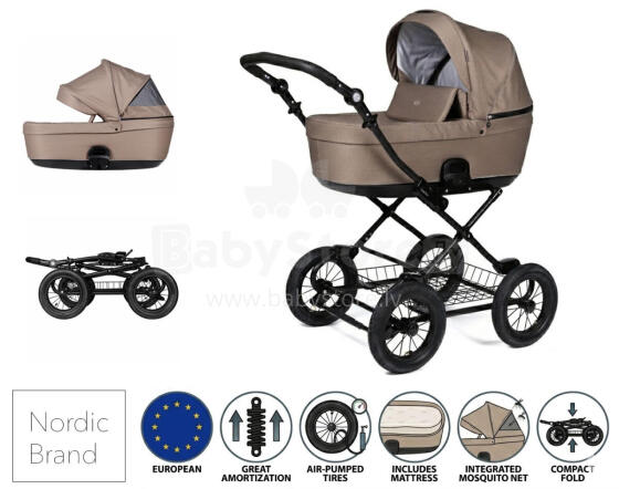Norbaby Classic stroller set in Praline Art. 298920-298907 Klasiskie, īpaši izturīgi bērnu ratiņi - bēšīgie (kulba+rāmis), ekstra amortizācija