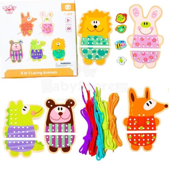TOOKY TOY Деревянная игра на ловкость Животные с шнуровкой 5в1