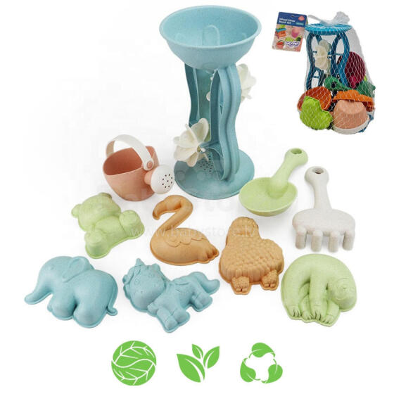 WOOPIE GREEN Smilšu komplekts ar ruļļu un laistīšanas kannu 10 gab. BIODEGRADABLS ORGANISKAIS MATERIĀLS