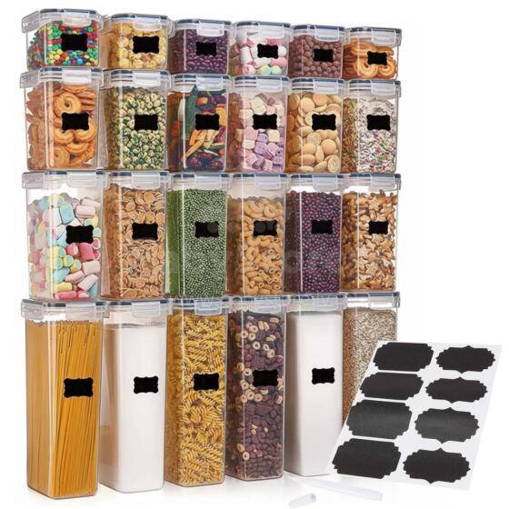 Containers, kitchen organizers for food, set of 24 with stickers, transparent