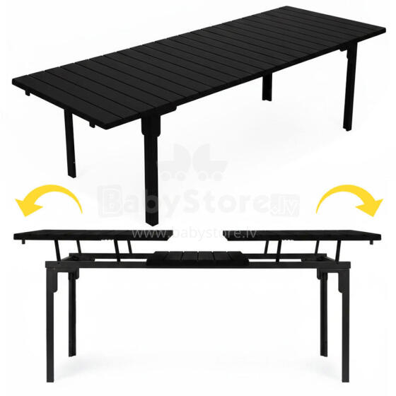 Izvelkamais dārza galds 180–240 cm 12 cilvēkiem, tērauds un HDPE, melns MultiGarden
