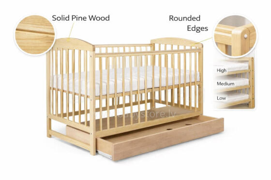 La Bebe™ Kids Wood Cot Sosna Art.279425 Natural  Children's wooden crib with drawer 120x60 cm