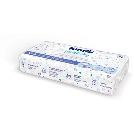 Sausās salvetes mazuļiem Kindii Pure&amp;amp;Dry 50 gab. 20x20cm 