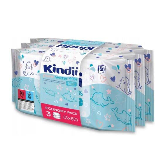 Набор влажных салфеток для младенцев Kindii Pure Water 99%, 3 x 60 шт.
