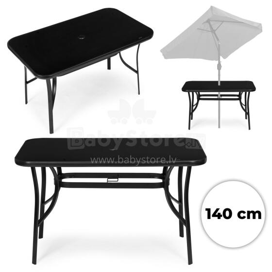 Garden table 140x80 cm tempered glass parasol hole, black, MultiGarden