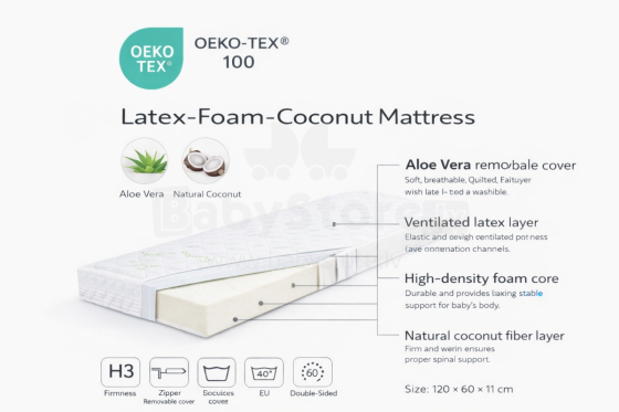 La Bebe™ Mattress Aloe Vera Art.280049  Matracis bērnu gultai latekss-porolons-kokos ,120x60 cm