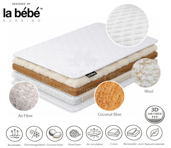 La Bebe™ Elpojošs 3D Air Fiber matracis ar vilnu un kokosšķiedru DREAM gultai 120×80, 80×52 cm