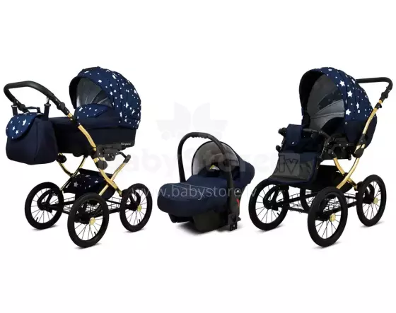 Babylux Margaret Gold Art.286158 Navy Blue Star Bērnu klasiskie ratiņi 3 vienā