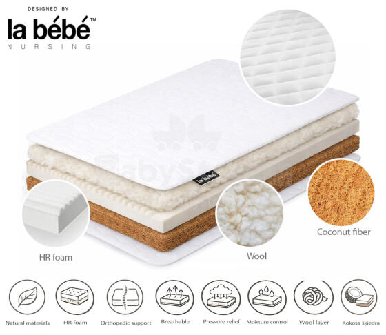 La Bebe™ matracis 120×60 cm Sleep, kokosšķiedra + HR putas + aitas vilna, 6 cm kokos + 2 cm HR putas