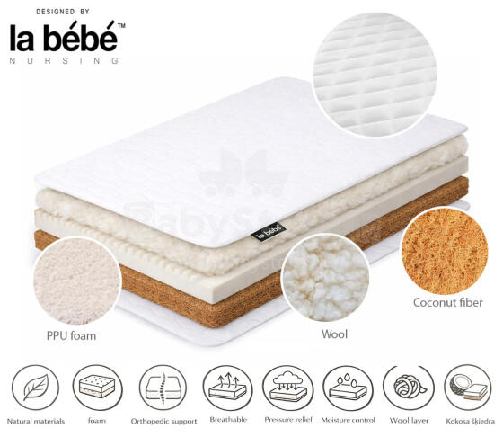La Bebe™ mattress 120×60 cm Sleep, coconut fiber + PPU foam + wool, 6 cm coconut + 2 cm PPU foam