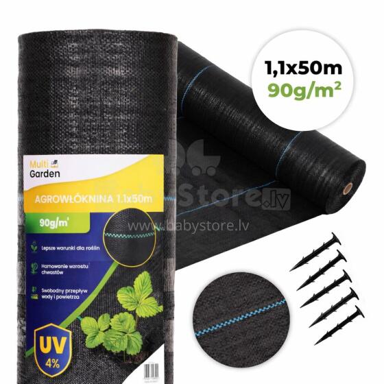 Черная UV-устойчивая ткань для борьбы с сорняками 90 г/м², 1.1 × 50 м, крепежи, MultiGarden