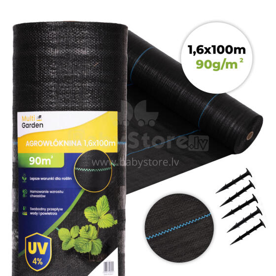 Melns UV izturīgs agro audums 90 g/m² nezāļu kontroles paklājs 1.6×100 m, tapas, MultiGarden