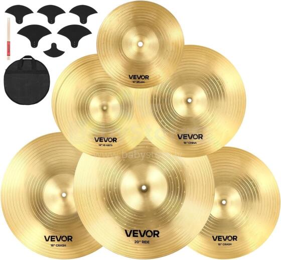 Vevor 6 Piece Cymbal Set Drumsticks Art.287554 Set Including 355mm HiHat, 400&455mm Crash, 505mm Ride, 254mm Splash, 400mm China, Drumsticks and Cymbal Bag 6-osaline