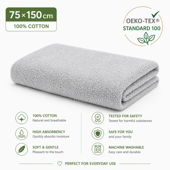 Bebe Basic Cotton Baby Towel  Art.288862 Light Grey Bērnu kokvilnas frotē dvielis 75x150cm (100% kokvilna)