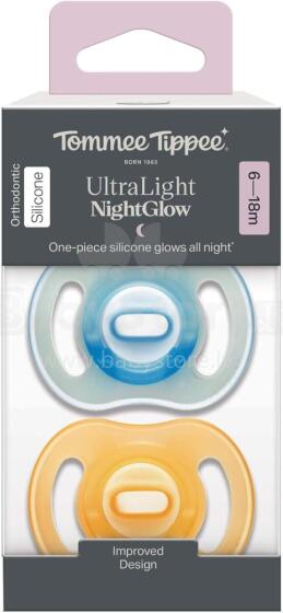 TOMMEE TIPPEE silikona māneklīši NIGHT GLOW ULTRALIGHT, 6-18 m., 2 gab., 433805