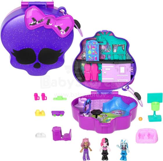 Polly Pocket x Monster High Portable Playset – School World with 3 Mini Dolls & 10 Accessories