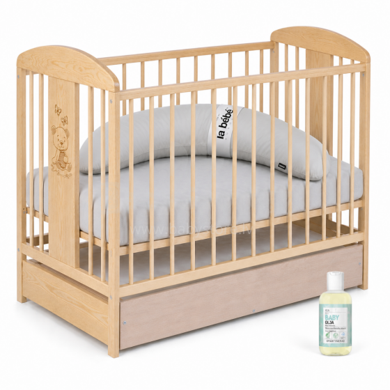 La Bebe™ Kids Wood Cot Sosna Tomi 20 Art.73991 Natural Комплект:Детская деревянная кроватка с ящиком+ постельное бельё+подковка Moon+масло для малыша 120x60см