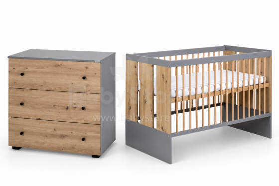 Klups Pauline Art.290267 Graphite/Oak Комплект:Детская кроватка с защитным бортиком 120x60cм+комод