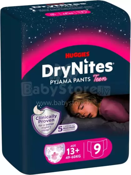 Huggies Dry Nites Girls Art.290792 Diaper pants for girls 13+ years old, 48-60 kg, 9 pcs.