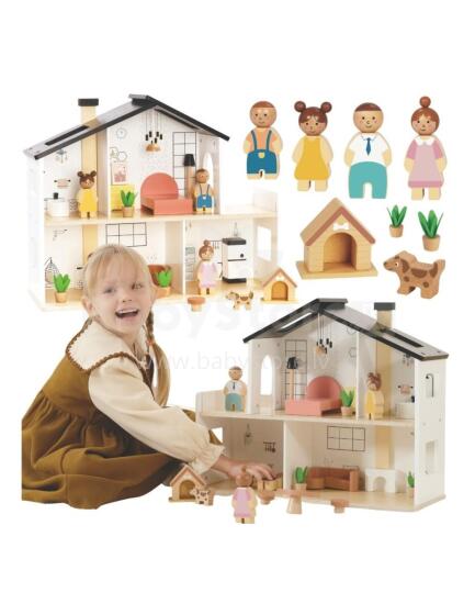 TOOKY TOY Wooden Dollhouse with Accessories and Family 20 pcs.