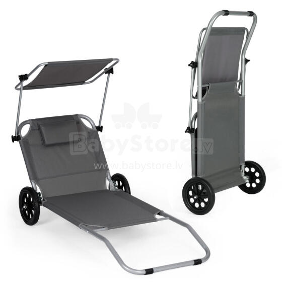 Salokāms pludmales krēsls uz riteņiem, ratiņi, regulējams atzveltne, nojume, pelēks, MultiGarden
