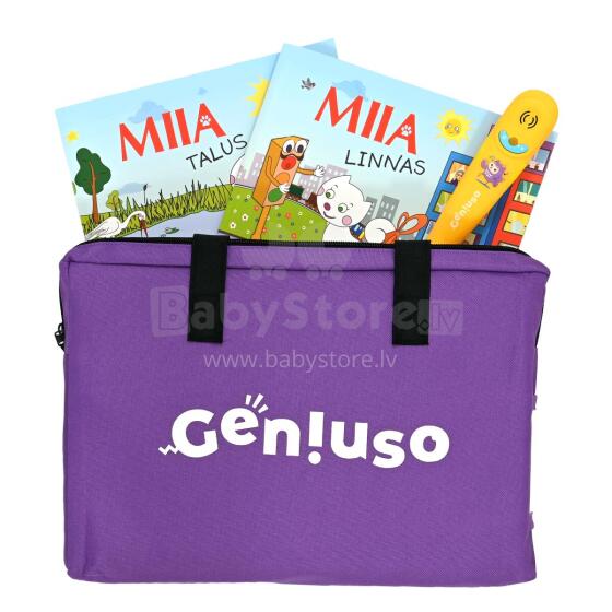 Geniuso MIIA pamatkomplekts: zīmulis, runājošās grāmatas "Lauku" un "Pilsētā" un nēsāšanas soma